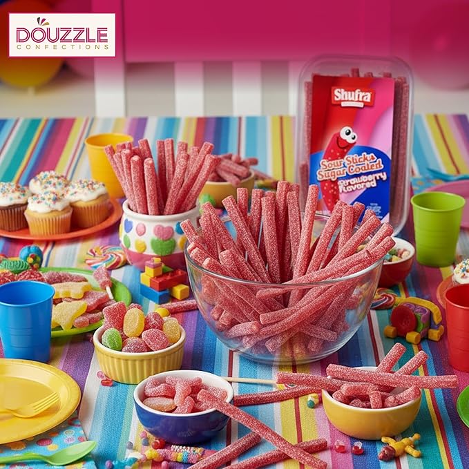 DOUzzle Valentines Day Sweet Treats, Sour Sticks Chewy Candy Straws Strawberry Sour Sticks (10 OZ - Pack of 1) Goodie Bag Stuffer, Pinata Filler - Kosher Parve