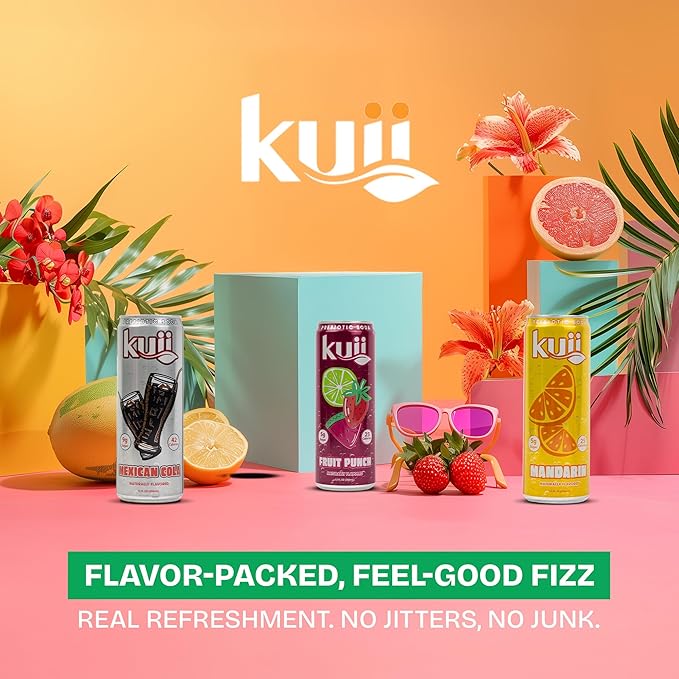 Kuii Prebiotic Soda Variety Pack – 12 Count with Mexican Cola, Mandarin & Fruit Punch Flavors – Sparkling Gut-Friendly Drinks for Refreshing, Guilt-Free Hydration, 12 fl oz Cans