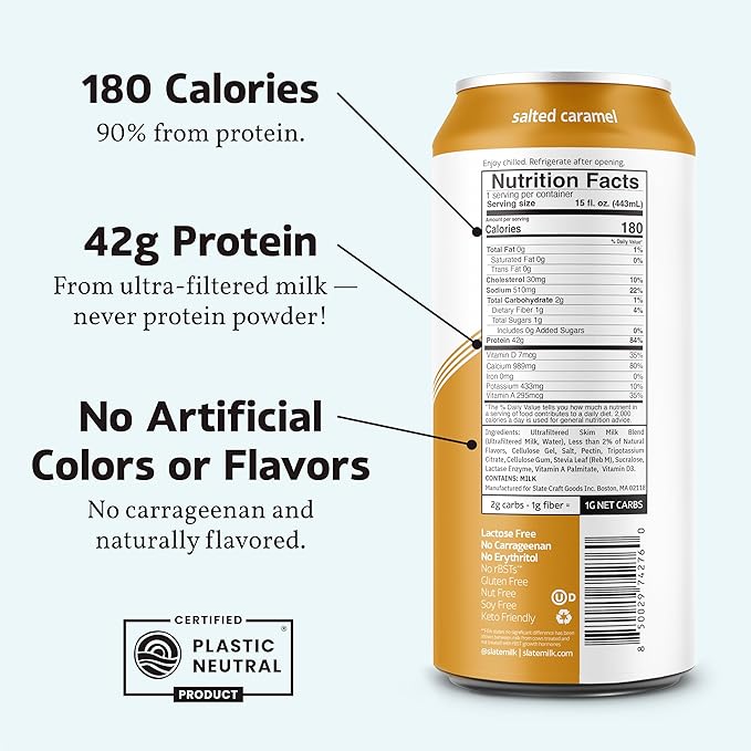 Slate Milk -Ultra Protein Shake-Salted Caramel-42g Protein,1g Sugar,180 Calories,1g Net Carbs-Lactose Free,No Added Sugar-Made with Ultra Filtered Milk- Breakfast Boost,Post Workout- 15 fl oz,12 Cans