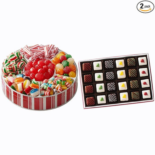 The Swiss Colony Christmas Petits Fours - Assorted Chocolate and Gourmet Mini Layer Cakes Holiday Gift Pack of 24 with Traditional Old Fashioned Candy Assortment with Hard Candy, Ribbons, and More