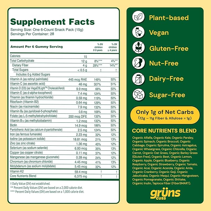 Gruns Multivitamin for Kids, Sugar-Free, Super Greens Superfood Gummy Bears with 20 Vitamins & Minerals, Alfalfa, Spirulina, Chlorella, Prebiotics Fiber for Digestive Health, Adaptogens, 28 ct