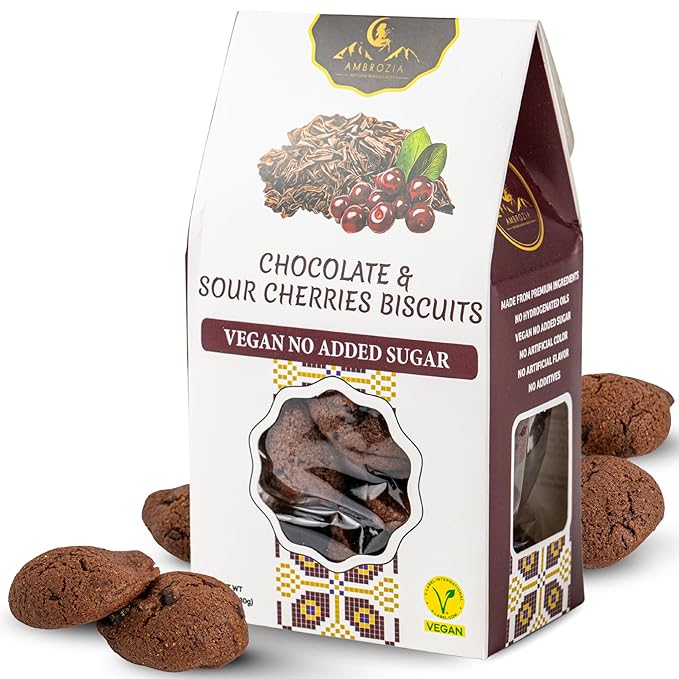 Ambrozia Vegan Snack Biscuits – Chocolate & Sour Cherry - Soft Baked, No Added Sugar, Clean Label, High Fiber & Wholesome Ingredients, Kid-Friendly, Healthy Snacks for Active Lifestyles, 4.58 Oz