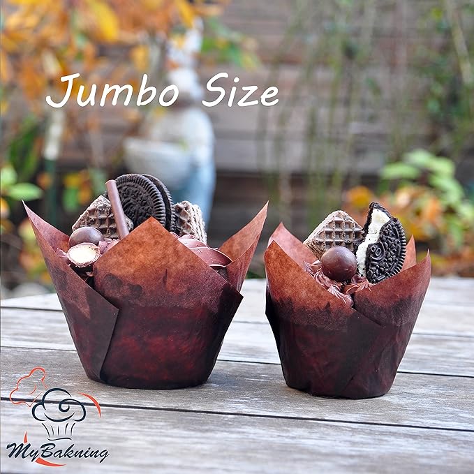 MyBakning (Jumbo Extra Large size) Brown+White Tulip Baking Cups 2-1/4"(Base diameter) x 3-3/4"(Wall height) Greaseproof paper baking cupcake Muffin liners, Case of 130 pcs