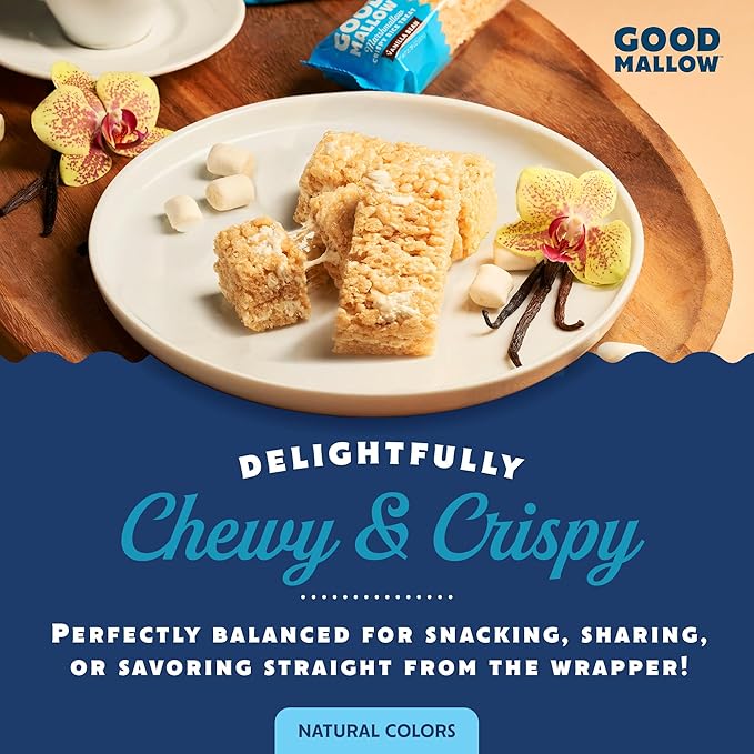 GoodMallow Vegan Rice Crispy Treats Individually Wrapped Box of 8 , Kosher Vegan Snacks, Gluten Free Dairy Free Snacks for Kids & Adults - Healthy Sweets Made with Gourmet Marshmallows, Made in USA (Vanilla Bean)