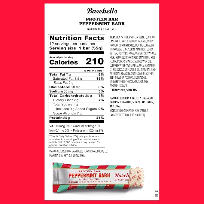 Barebells Protein Bars Peppermint Bark – 24 Count (Pack of 2), 20g Protein, Creamy Vanilla Nougat with 1g Sugar, White Chocolate Coated Snack for Breakfast or Post-Workout