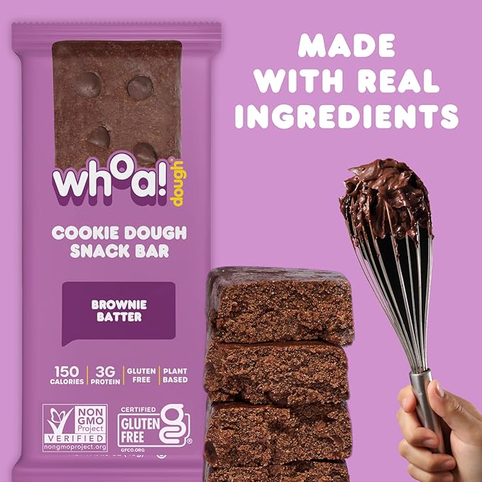 Whoa Dough Edible Cookie Dough Bars- Certified Non-GMO, Kosher and Gluten Free Bars - Healthy Snack Foods - Plant Based Snacks Made With Real Ingredients - Brownie Batter Cookie Dough - 10 Pack