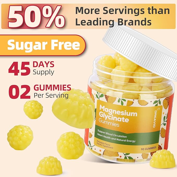 DREAVIO 90 Count Magnesium Glycinate Gummies 400mg w/Ashwagandha Supplement - Sugar Free Zinc Magnesium Glycinate Supplement Ashwagandha Gummies for Adults Pineapple Flavor