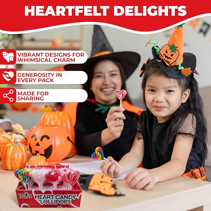 Fusion Select 24 Heart Shaped Lollipops Candy - Sweet Heart Lollipop for Party Bag Fillers, Pinata Stuffers - Ideal for Valentine's Day, Mother's Day, Halloween - Bulk Party Pack, Assorted Lollipops