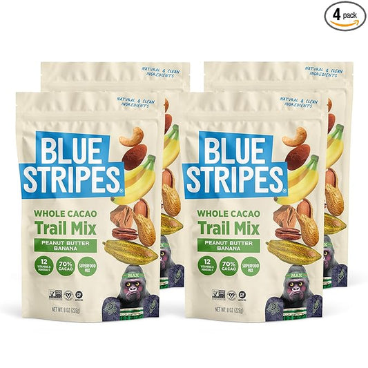 Blue Stripes - Trail Mix, Peanut Butter Banana, Cashews, Peanut Butter Chips, Healthy Snacks for Adults, Whole 70% Cacao, With Unrefined Sugar, Non GMO, Gluten Free, Vegan - 4 Pack, 8 oz