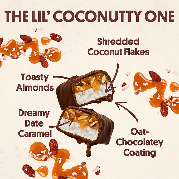 Harken Sweets The Lil’ Coconutty Ones, Mini Oat Milk Chocolate Candy Bars with Coconut, Sweetened with Dates, No Sugar Added, High Fiber Snack, Gluten-Free, Plant-Based, 6 Pouches (30 Bars)