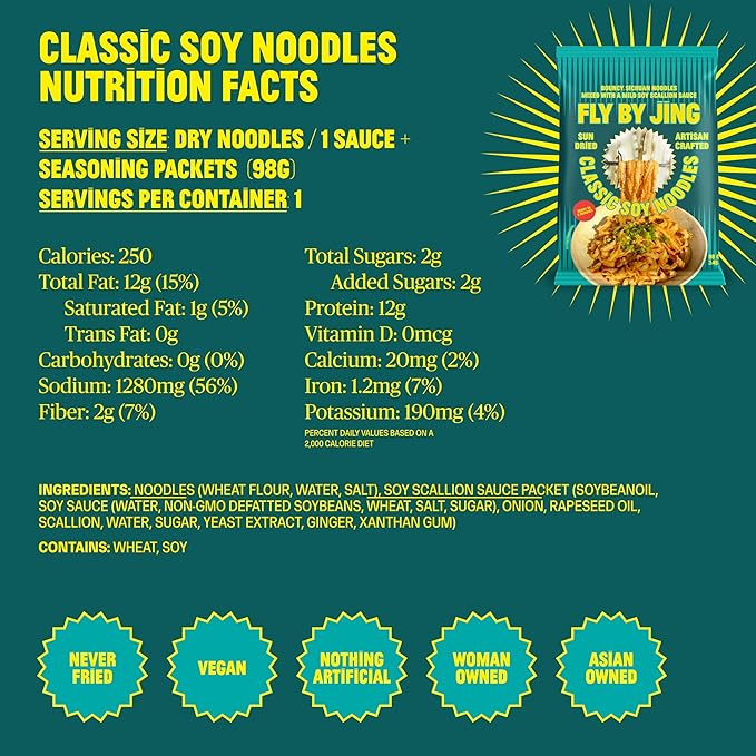 FLYBYJING Classic Soy Noodles - Sun-Dried, Wavy Asian Instant Noodles Tossed in Savory Soy Scallion Sauce - Ready in 6 Minutes - Vegan, High Protein, No MSG, 3.45 oz (Pack of 6)