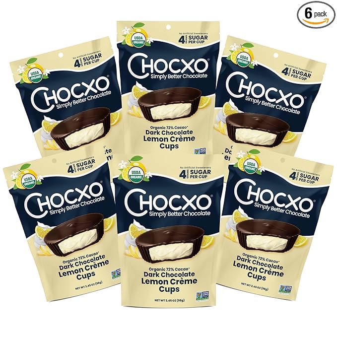 Chocxo Dark Chocolate Lemon Crème Cups - Lower Sugar, Organic 72% Cacao, NonGMO, Keto, Gluten Free, Kosher, No Artificial Sweeteners/Sugar Alcohols, 3.45 oz (Pack of 6)