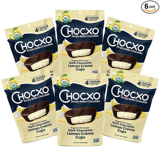 Chocxo Dark Chocolate Lemon Crème Cups - Lower Sugar, Organic 72% Cacao, NonGMO, Keto, Gluten Free, Kosher, No Artificial Sweeteners/Sugar Alcohols, 3.45 oz (Pack of 6)