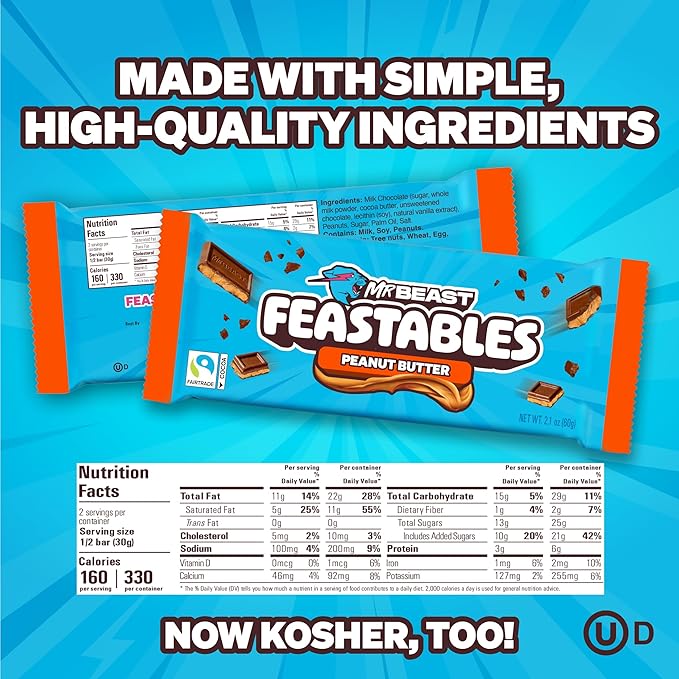 Feastables MrBeast Peanut Butter Milk Chocolate Chocolate Bar, King Size Candy Bar for Adults & Kids, Candy Bars for Snacks, Gifts, & Dessert, Sweet & Creamy Fairtrade Cocoa, 2.1 Oz Each, 10 Count