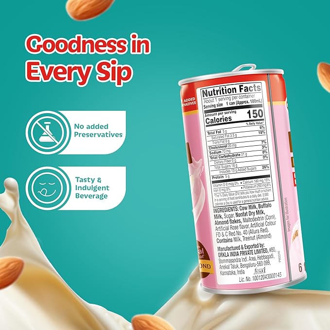 MTR Badam Drink - Rose Flavored, Ready-to-Drink - Authentic Indian Almond Milk Beverage, Real Bits of Almond, No Added Preservatives, Gluten-Free, Refreshing Drink, Perfect for Anytime Refreshment, Pack of 6