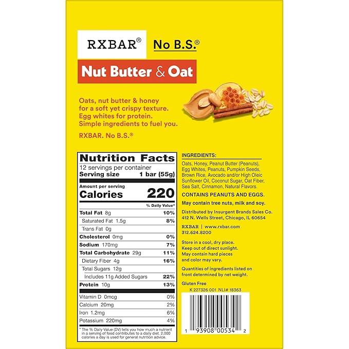 RXBAR Nut Butter and Oat Protein Bars, Protein Snacks, Snack Bars, Honey Cinnamon Peanut Butter, 23.2oz Box (12 Count)