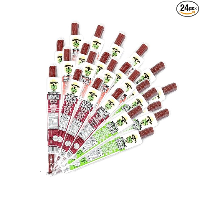 Variety - Original, Jalapeno, Smokey Sweet Flavors Grass Fed Beef Stick,Sogo Snacks, Gluten-Free Snack, Road Trip Snacks, Snack Pack of 24, Spice Level 0-3.5 of 5 Jerky Sticks