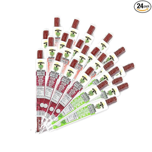Variety - Original, Jalapeno, Smokey Sweet Flavors Grass Fed Beef Stick,Sogo Snacks, Gluten-Free Snack, Road Trip Snacks, Snack Pack of 24, Spice Level 0-3.5 of 5 Jerky Sticks