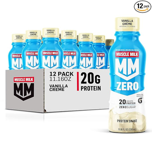 Muscle Milk Zero Protein Shake, Vanilla Crème, 20g Protein, Zero Sugar, 100 Calories, Calcium, Vitamins A, C & D, 4g Fiber, Energizing Snack, Workout Recovery, Packaging May Vary 11.16 Fl Oz (Pack of 12)