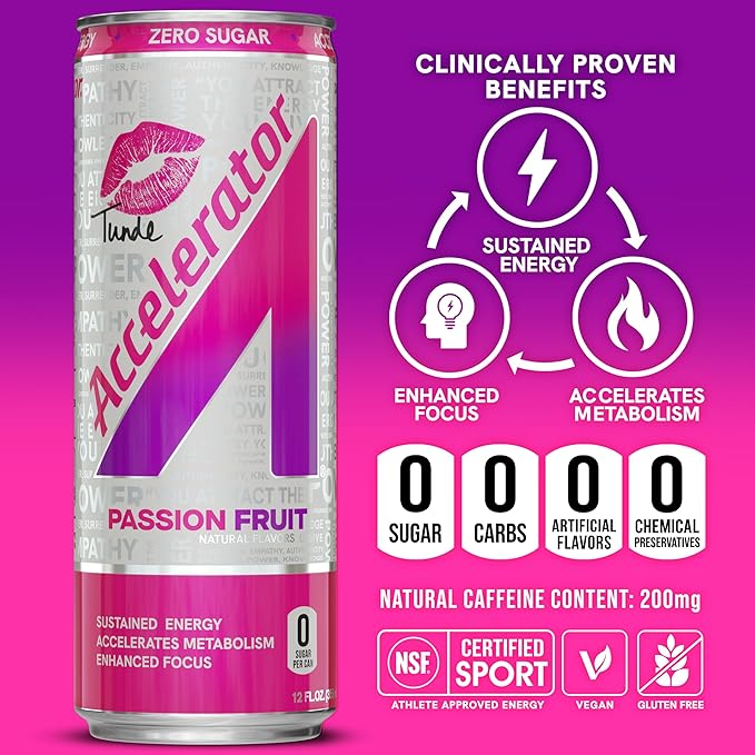 Accelerator Energy Drink, Passion Fruit 12oz can (12 pack), Zero Sugar, Sustained Energy from 100% Natural Caffeine (200mg from Green Coffee Bean & Green Tea extract)