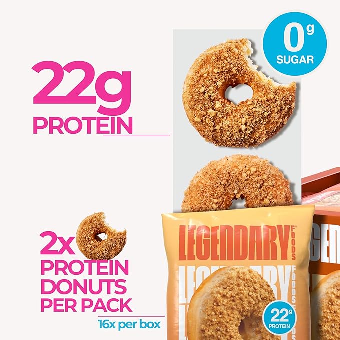 Legendary Foods Protein Donuts - 22g Protein, Crumbly Cinnamon, Zero Sugar Snack, Gluten Conscious, Low Carb, Keto Suitable, Diabetic and GLP-1 Diets - 8 Pack with Two Donuts per pack