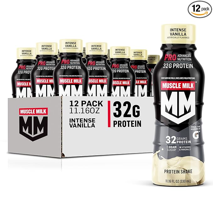 Muscle Milk Pro Advanced Nutrition Protein Shake, Intense Vanilla, 11.16 Fl Oz (Pack of 12), 32g Protein, 1g Sugar, 16 Vitamins & Minerals, 5g Fiber, Workout Recovery, Energizing Snack, Packaging May Vary