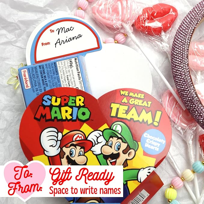 Super Mario Valentine's Heart Gift Boxes, Crispy Milk Chocolatey Candy Inside, Individually Foil Wrapped Pieces, To/From Section on Back, 1.6 Ounces (Pack of 2)