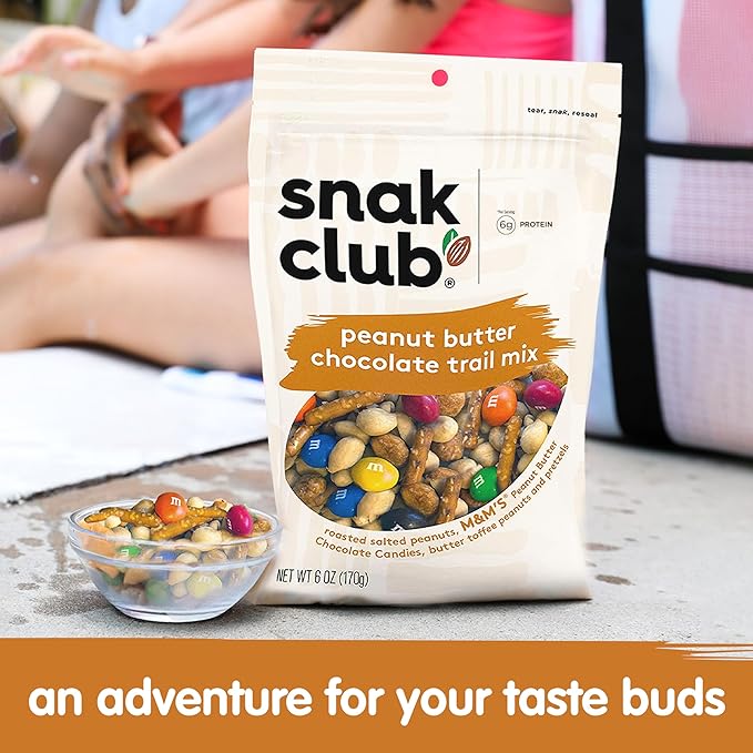 Snak Club Peanut Butter Chocolate Trail Mix with Peanuts, Peanut Butter M&M’S, Toffee Peanuts, and Pretzels, 20 oz Resealable Bag