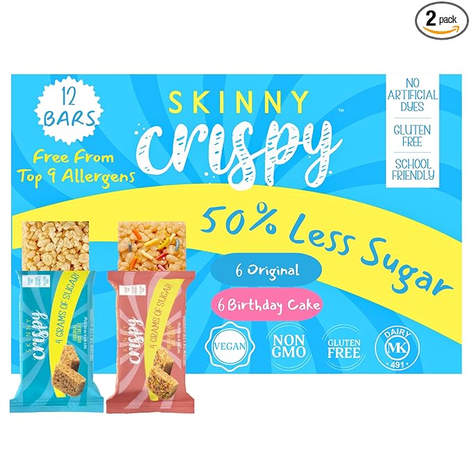 Skinny Crispy Variety Rice Treats – Birthday Cake (6) & Vanilla (6), Low Sugar (4g), Vegan, Gluten-Free, Dairy-Free, Non-GMO, Top 9 Allergen-Free, Healthy Snack Bars, 10 Count