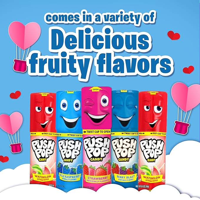 Push Pop Valentine's Candy Variety Pack, 24Ct Bulk Individually Wrapped Lollipops in Assorted Flavors, Full Size, Fun Hard Candy For Birthday Parties, Valentine's Gifts, Goodie Bags, Party Favors