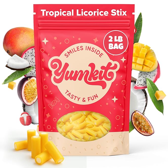 Tropical Cream Soft & Chewy Stix | Licorice Candy Assortment 2 lbs | Tropical Fruit Flavor | Big Bag of Australian Licorice Bulk | No Palm Oil, Plant Based | Treats for Goodie Bags & Party Favors | Yumkit