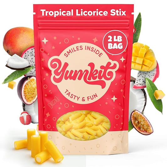 Tropical Cream Soft & Chewy Stix | Licorice Candy Assortment 2 lbs | Tropical Fruit Flavor | Big Bag of Australian Licorice Bulk | No Palm Oil, Plant Based | Treats for Goodie Bags & Party Favors | Yumkit