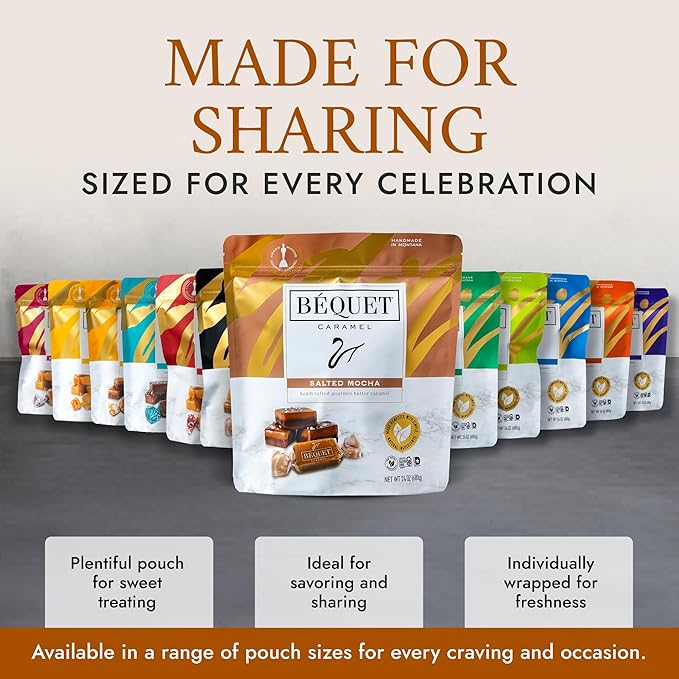 Béquet Caramel - Salted Mocha Gourmet Candy - Coffee Candy Individually Wrapped - Gourmet Sea Salt Caramel - Made in Montana - Kosher (Star-D), and Gluten Free - 24oz Resealable Pouch