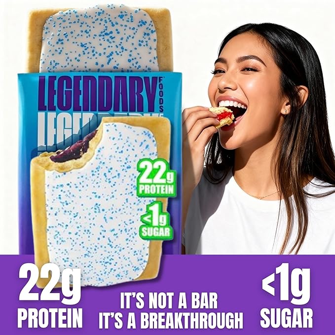 Legendary Foods 22g Protein Pastry 0g Added Sugar, Low Carb, Gluten Conscious, Keto Snack, Ideal for Glucose Management, Includes Whey Protein Isolate, 8 Pack Frosted Blueberry