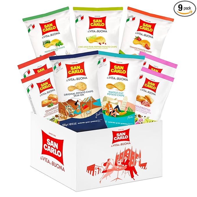 San Carlo Multy Variety Pack 9x - 4x150g Mediterranean and Ham Flavor - 3x50g Multi Flavours Italian Potato Chips: Lime and Pink Pepper, Pesto, Tomato - 2x100g Finest Selection: Waffle Cut, Skin