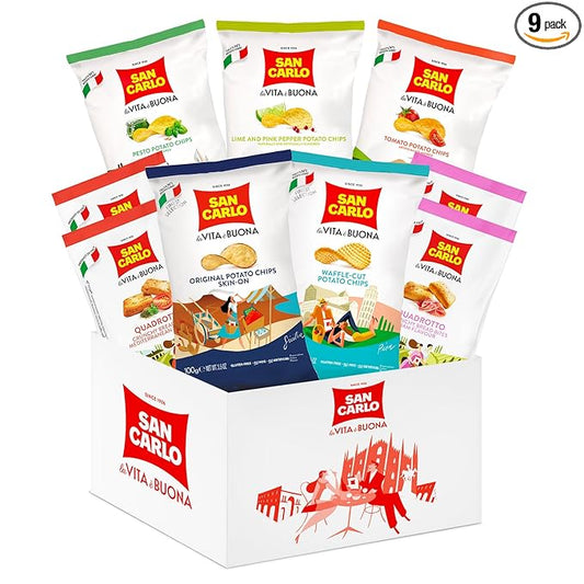 San Carlo Multy Variety Pack 9x - 4x150g Mediterranean and Ham Flavor - 3x50g Multi Flavours Italian Potato Chips: Lime and Pink Pepper, Pesto, Tomato - 2x100g Finest Selection: Waffle Cut, Skin