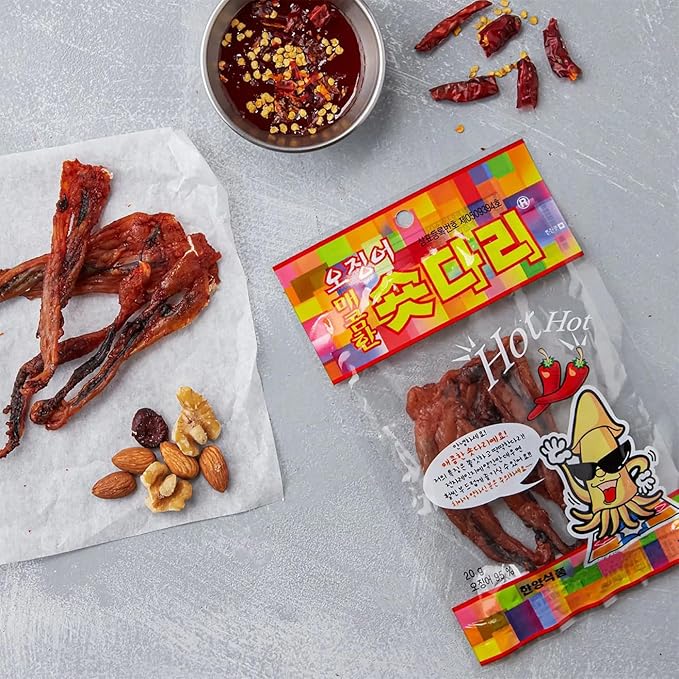 Sookwang K-Food Dried Squid Legs Only Legs Hot Flavor Snack Sweet and Savory Seasoned (0.7oz X 10 Packs) Chewy Calamari Korean Snack