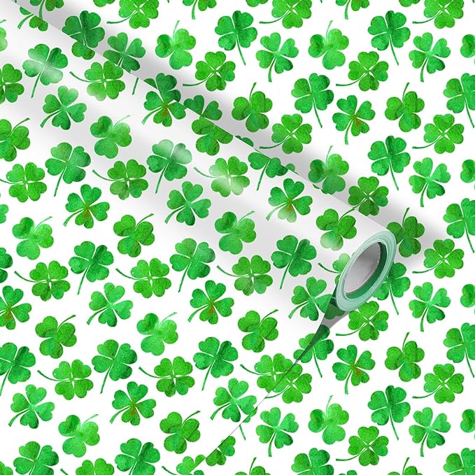Fabllewavi 1 Roll Shamrock Wrapping Paper Mini Roll - 17in x 32.8Ft Reversible Green Clover Pattern Gift Wrap Paper for St. Patrick's Day DIY Crafts Irish Party Supplies