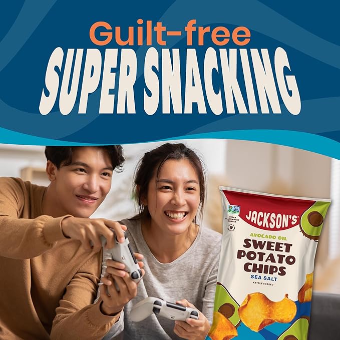 Jackson’s Sweet Potato Kettle Chips Avocado Oil Variety Pack made with Premium Oils (7oz, Pack of 6) Sea Salt, Ranch and BBQ Flavors - Allergen-friendly, Gluten Free, Vegan