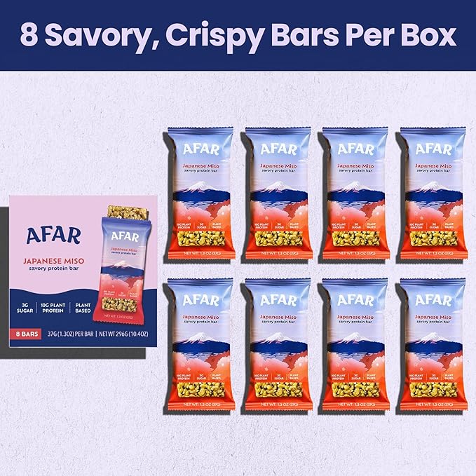 Afar Savory Protein Bars – Low Sugar, High Protein – Healthy Snacks for Adults – Meal Replacement Bar – Rice Crispy Texture – Vegan, Gluten Free (8 Bars, Japanese Miso)