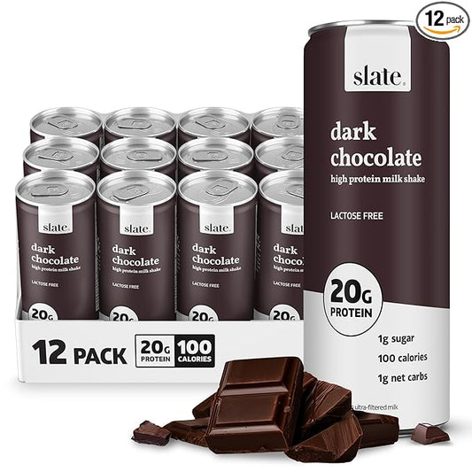 Slate Milk - High Protein Milk Shake - Dark Chocolate - Lactose Free, 20g Protein, 1g Sugar, 100 Calories, 1g Net Carbs, No Added Sugar - Natural, Breakfast Boost, Post Workout - 11 fl oz, 12 Cans