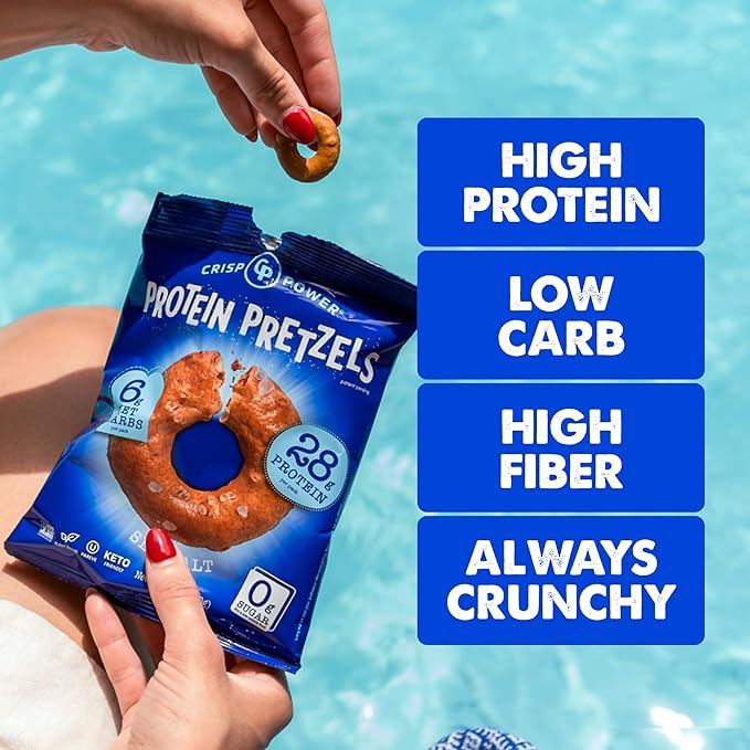 Crisp Power High Protein Pretzels, Sea Salt, High Protein Snack, 28G Protein, Low Carb, Crunchy, No Added Sugar, Keto-Friendly Snack, 1.75 oz Bags, 6 Pack, Vegan, Plant-Based, Keto
