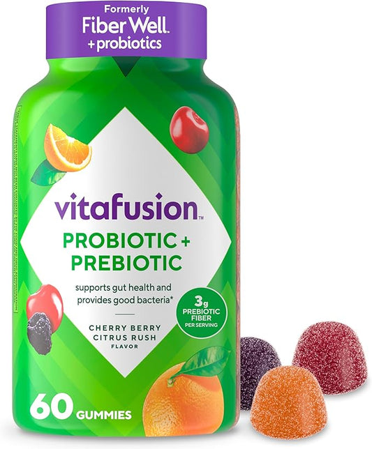 vitafusion Probiotic + Prebiotic Fiber Gummies for Adults, Probiotic Supplement with Prebiotic Fiber to Support Gut Health and Provide Good Bacteria (1), Cherry Berry Citrus Rush Flavor, 60 Count