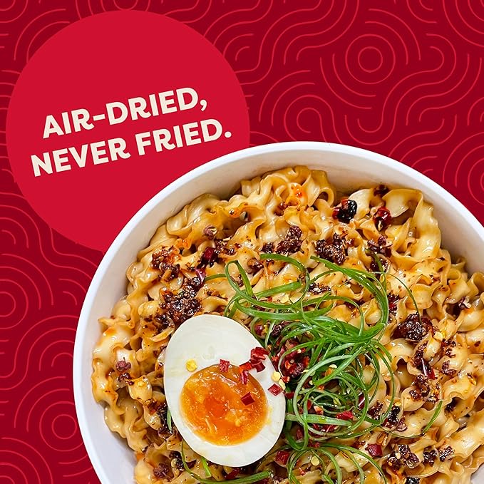 A-Sha Squiggly Noodle with Chili Crisp Drizzle and Rich Soy Sauce (24 Packs) | 11g of Protein | Premium Air Dried Never Fried Noodles