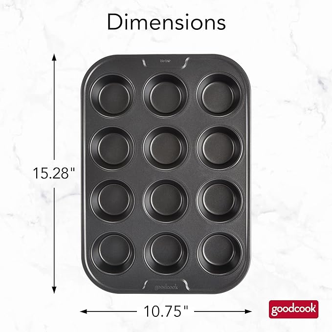 GoodCook PRO Muffin Pan Nonstick Cupcake Pan, Warp & Scratch-Resistant Dishwasher-Safe Carbon Steel Construction for Even Baking With or Without Liners, 12-Cup, Gray