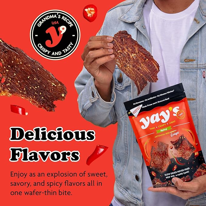 Yay's Snacks Sweet and Spicy Beef Crisps | Crispy, Crunchy, High Protein Snacks | Spicy Beef Jerky with 24G Protein Snacks Per Bag | Healthy Meat Snacks Non-GMO, USA Made - 6 Packs (1.75 Oz Each)