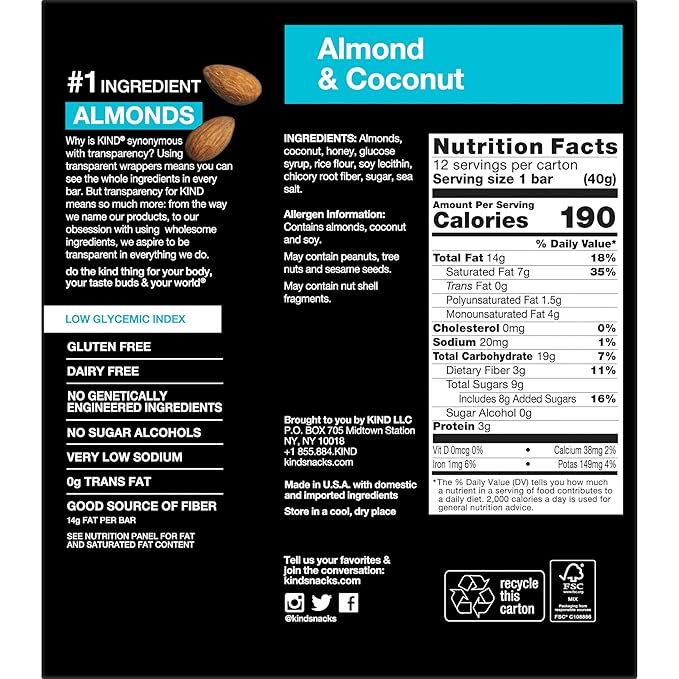 KIND Bars, Almond & Coconut, Healthy Snacks, Gluten Free, 12 Count (Pack of 2)
