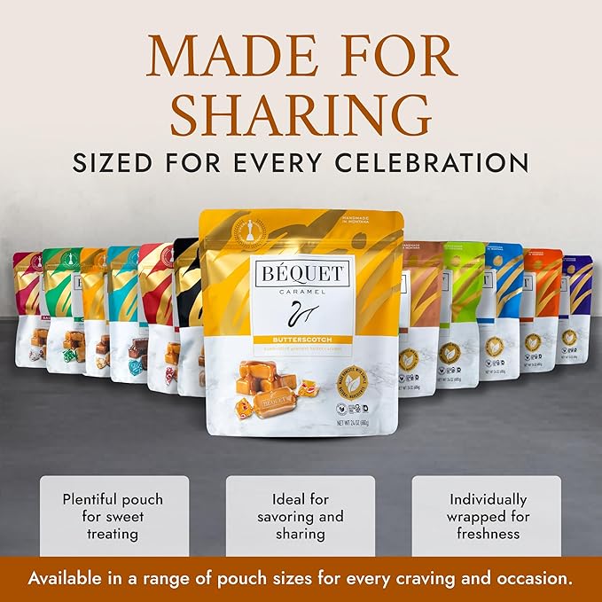 Béquet Caramel - Butterscotch Gourmet Candy - Candy Individually Wrapped - Made in Montana - Kosher (Star D) and Gluten Free - 24 Ounce Resealable Pouch