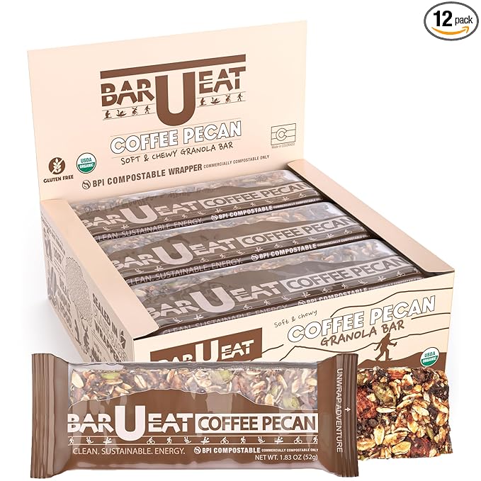 BAR-U-EAT Gluten-Free, Organic, Soft & Chewy Energy Bar. Whole Food Ingredients | Compostable Packaging | No Artificial Sugar | Healthy Snacks (Coffee Pecan 12 Pack)