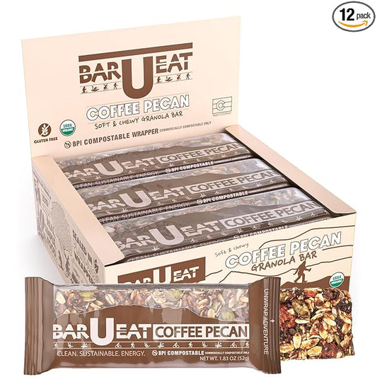 BAR-U-EAT Gluten-Free, Organic, Soft & Chewy Energy Bar. Whole Food Ingredients | Compostable Packaging | No Artificial Sugar | Healthy Snacks (Coffee Pecan 12 Pack)